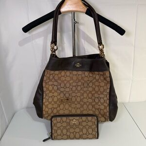 Coach F17672 Signature Jacquard Shoulder Bag + Matching Zip Wallet Brown Leather